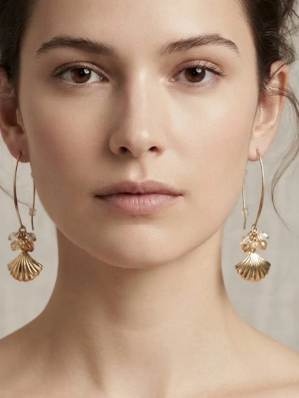 Dress Barn Gold Shell Charm Drop Earrings with Clear & Amber Beads